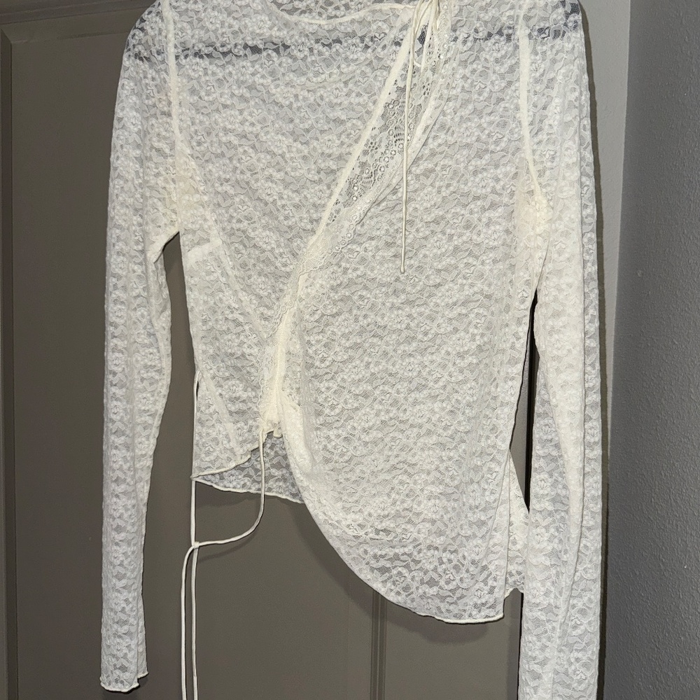 Women's Cream Lace Wrap Long-Sleeve Top - Picture 5 of 5
